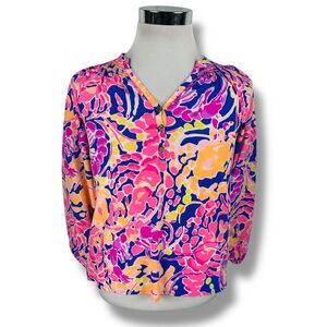 Lilly Pulitzer Elsa Silk Blouse Top Women's 2XS XXS Catch and Release Pink Blue